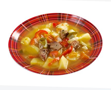 beef soup Lecho.Lecso  Hungarian  which  peppers and tomato.isolated on white background. 