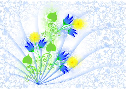 greeting card with blue bells and yellow daisies on the decorative background