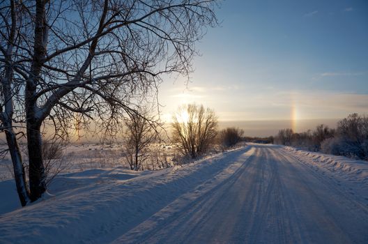 Road in a countryside in sunny winter rainbow day.Frozen trees in snowy field