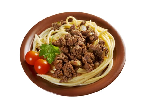  pasta with  beef on wooden table