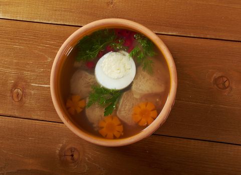 Aspic from meat decorated with egg, carrot,