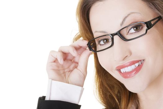 Happy businesswoman portrait, isolated on white