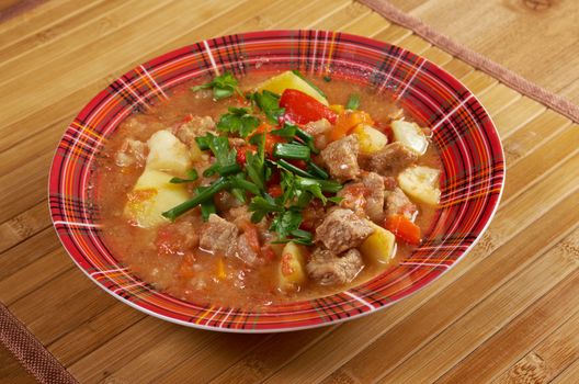 Traditional Hungarian homemade hot goulash soup