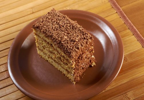 chocolate cake. close up with washed away by back background