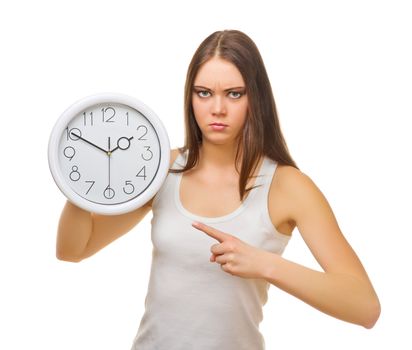 Young angry girl with clocks isolated