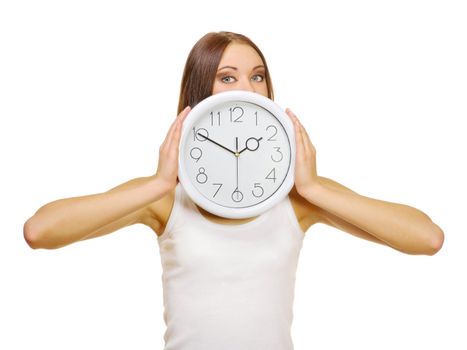 Young girl with clocks isolated