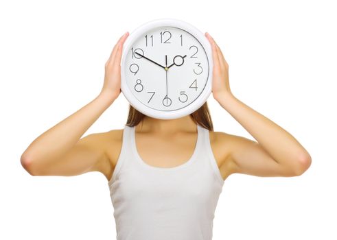 Young girl with clock isolated