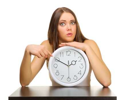 Young girl with clock isolated