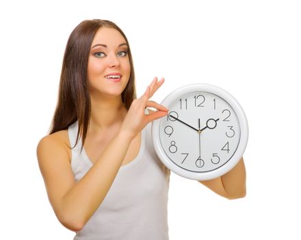 Young girl with clock isolated