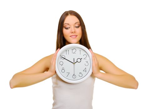 Young girl with clock isolated