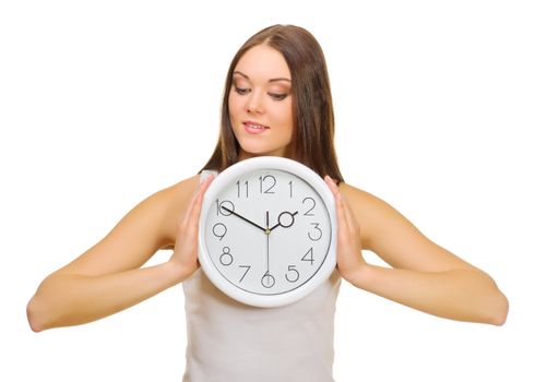 Young girl with clock isolated