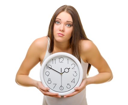 Young girl with clock isolated