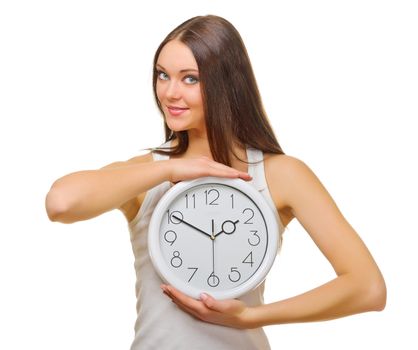 Young woman with clocks isolated