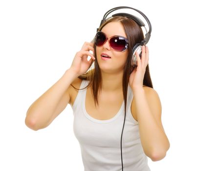 Young girl listen music isolated