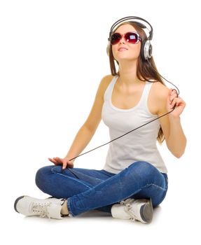 Young girl listen music isolated