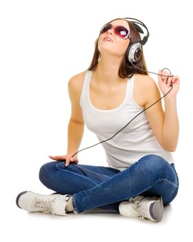 Young woman listen music isolated