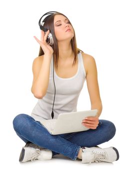 Young girl listen music isolated