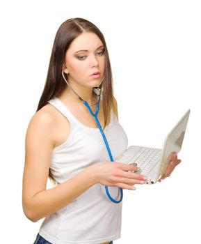 Young girl with laptop and stethoscope isolated