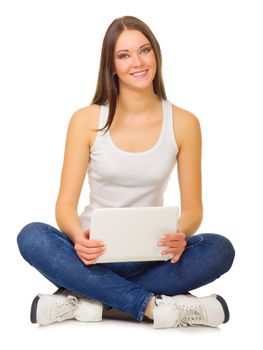 Young smiling girl with laptop isolated
