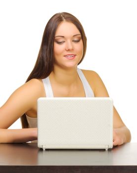 Young smiling girl with laptop isolated