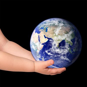 Little girl hold globe on black (Elements of this image furnished by NASA)