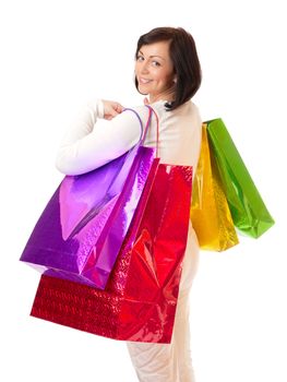 Young smiling woman with bags isolated