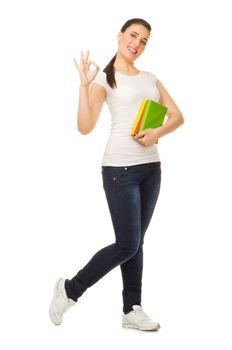 Young girl with books isolated