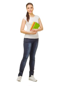 Smiling young woman with books isolated