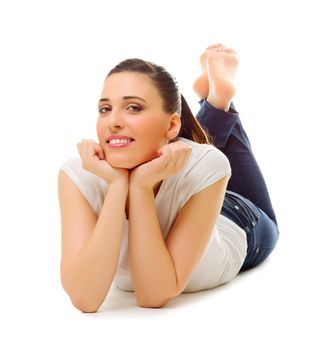 Young girl laying on the floor isolated