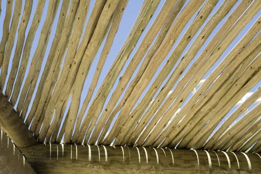Stylized wooden pergola roof against the blue sky is visible through the roof structure pergolas