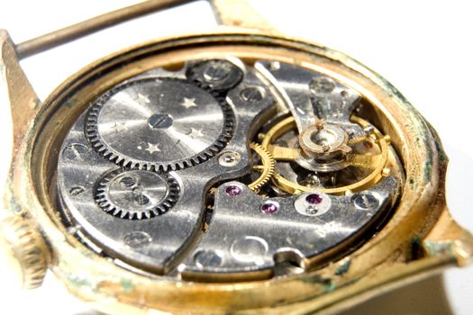 The mechanism of old watches on white background 