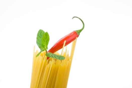 Golden raw dried Italian pasta with other ingredients on white background.