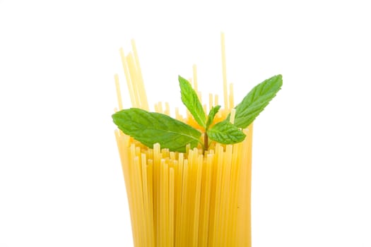 Golden raw dried Italian pasta with other ingredients on white background.