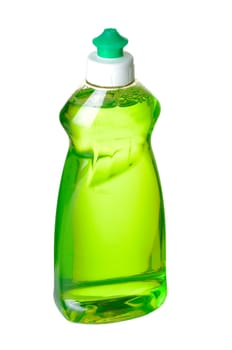 Liqid green soap bottle on white background with path.