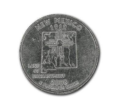 United States New Mexico quarter dollar coin on white with path outline
