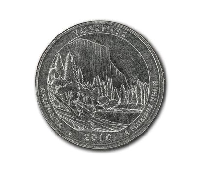 United States Yosemite quarter dollar coin on white with path outline