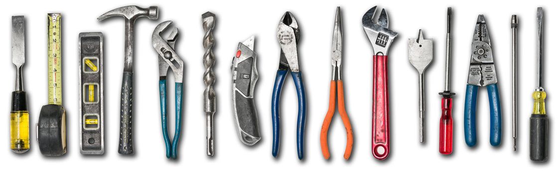 Various used tools on white isolated background