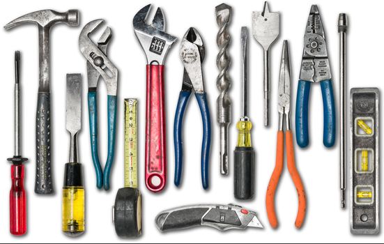 Group of construction tools on white isolated