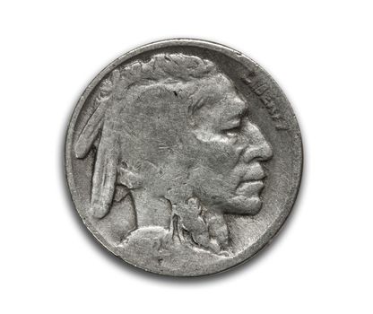 US silver buffalo nickel on white with path