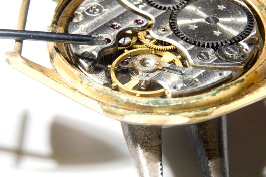 The mechanism of old watches on white background