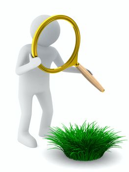 Man with magnifier and grass. Isolated 3D image