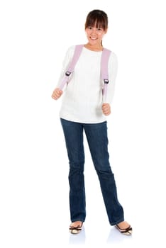 Full body portrait of smiling Asian female young adult student standing isolated on white background