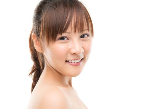 Close up of Asian young woman face with happy smile. skincare concept.