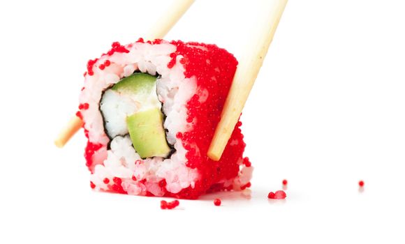 Close up top view of sushi isolated over white background