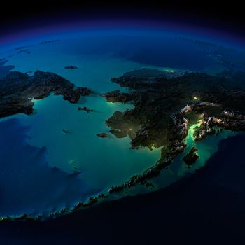 Highly detailed Earth, illuminated by moonlight. The glow of cities sheds light on the detailed exaggerated terrain and translucent water of the oceans. Elements of this image furnished by NASA