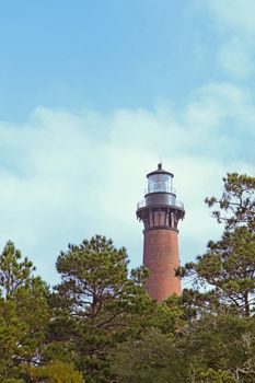 The red brick structure of the Currituck Beach Lighthouse rises over pine trees at Currituck Heritage Park near Corolla, North Carolina