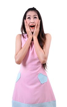 beautiful woman looking surprised against a white background