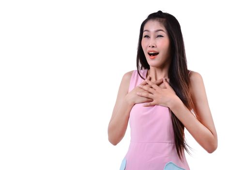 beautiful woman looking surprised against a white background