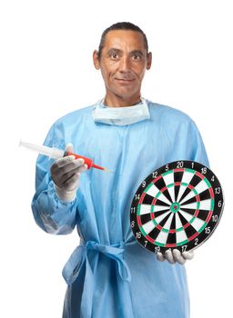 A health care professional points a needle and syringe to a dartboard suggesting target practice or targeting health care.