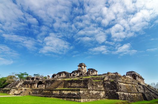 A wide angle view of showing the entire palace at the Mayan ruins of Palenque in Chiapas, Mexico
